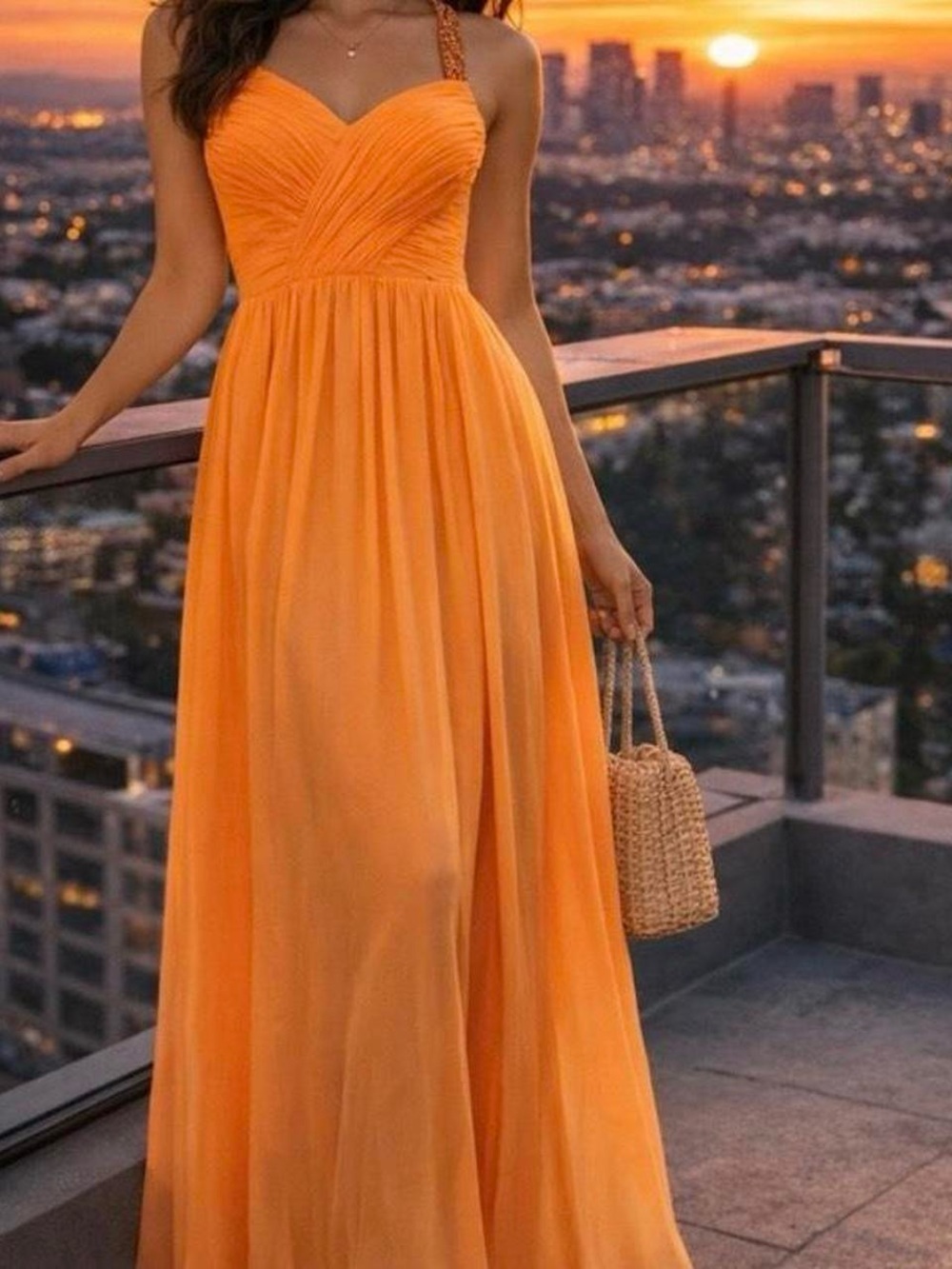 Adriana Papell Y2K Orange Rhinestone Halter Maxi Dress